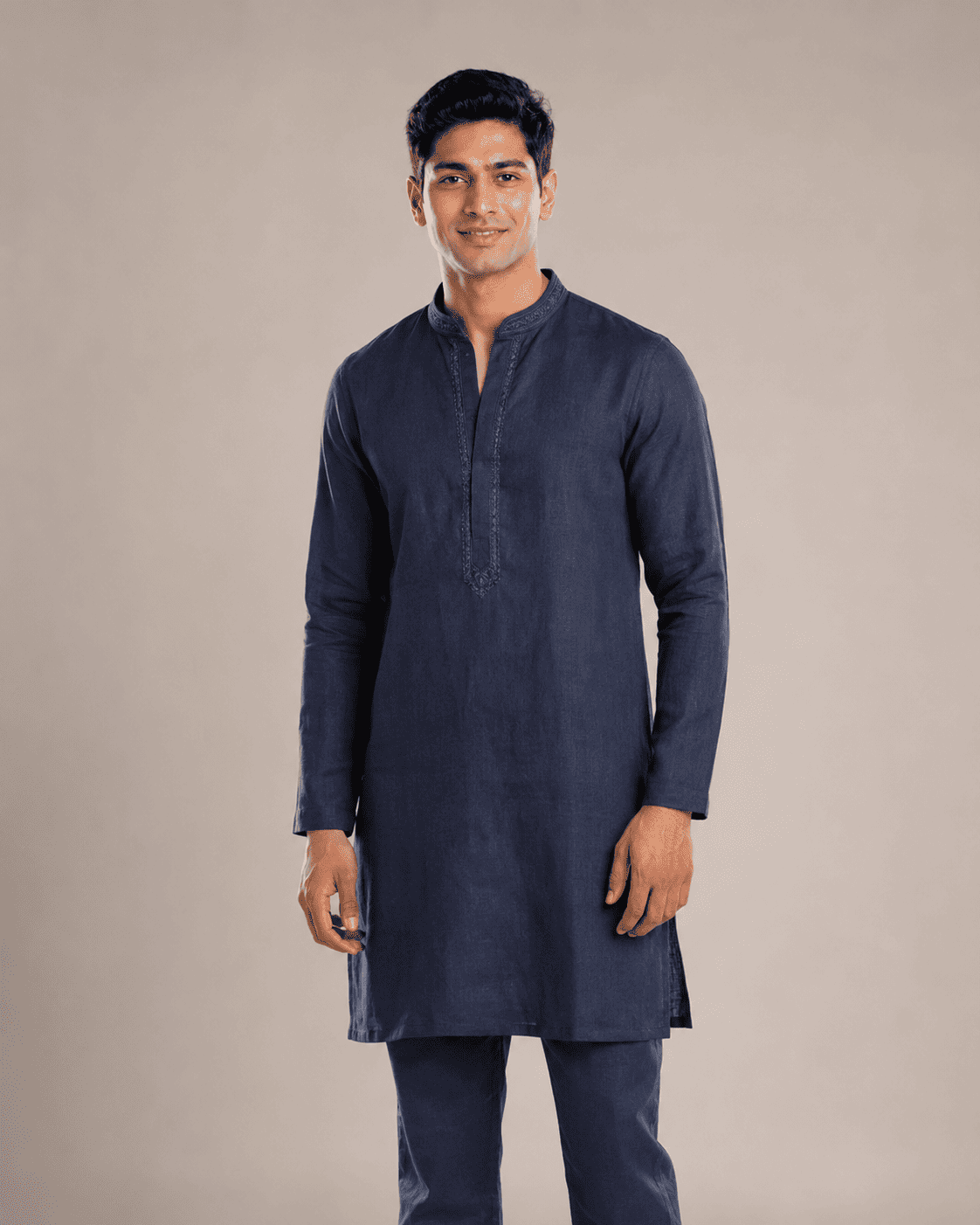 Arjun wearing a navy blue linen kurta